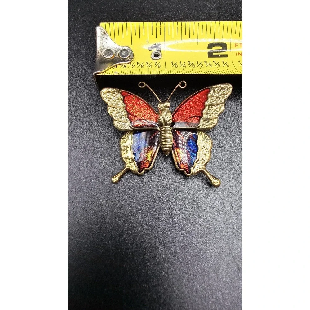 Vintage Lot Of 3 Butterflies Brooch Red/Blue/Green/Yellow Enamel Gold Tone